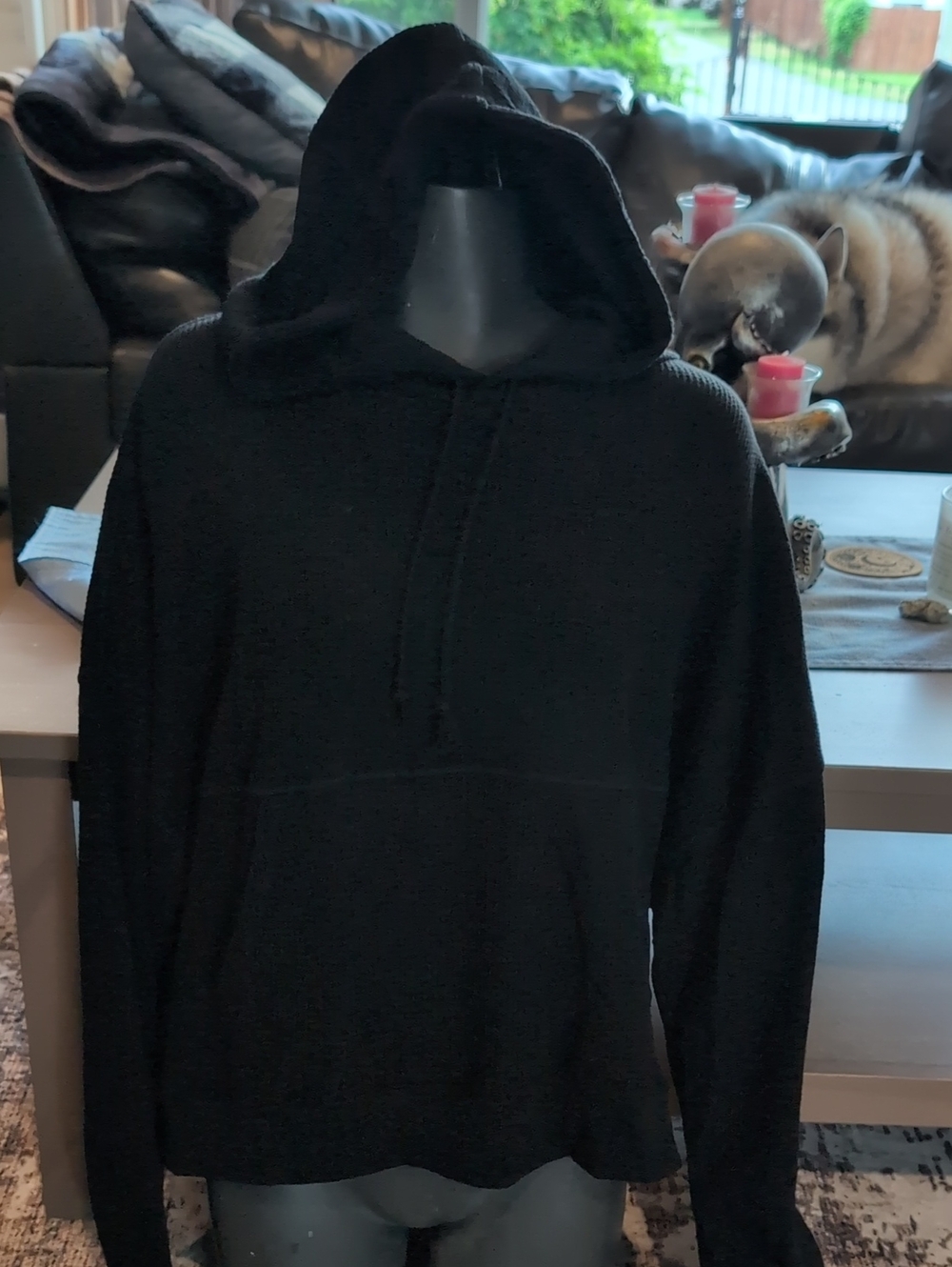 Black Hooded Waffle Knit Pullover Sweatshirt